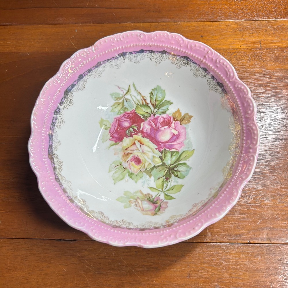 Vintage Floral Porcelain Bowl Pink Scalloped Rim Gold Lace Rose Detail